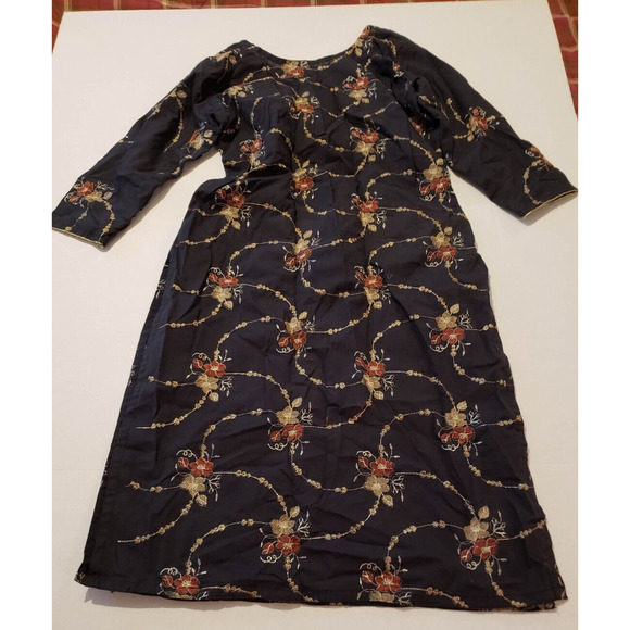 Long Sleeve Slit Black Botanical Size Small Women's Floral Pattern Dress - Picture 2 of 7